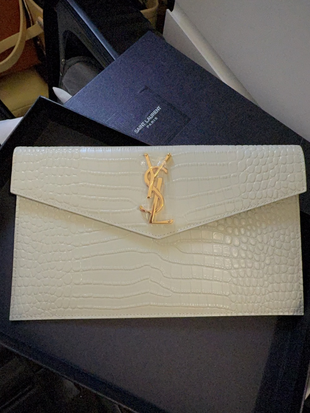 Saint Laurent White Croc-Embossed Envelope Clutch with Gold YSL Hardware
